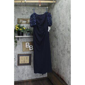 Xscape Plus Size Long Illusion Sleeve Off The Shoulder Dress Gown Navy Blue 14W